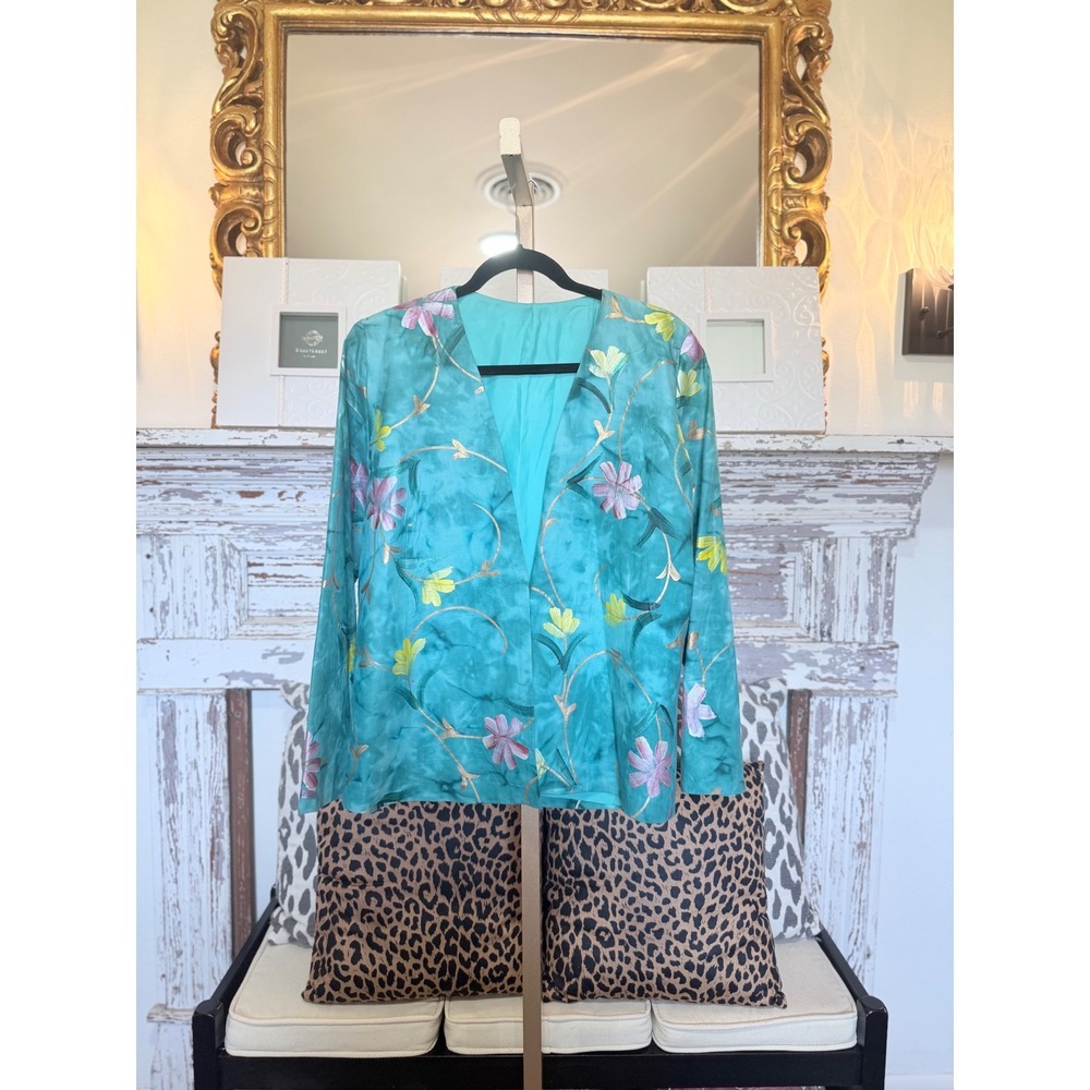 Vintage Hand Painted Silk Floral Blazer Teal Turquoise Gold Metallic Jacket L